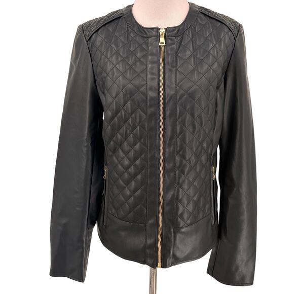 Cole Haan Black Collarless Quilted Faux Leather Jacket Size Medium - Picture 1 of 8